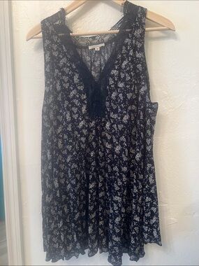 Navy Dress with White Floral Print and Lace V-Neck